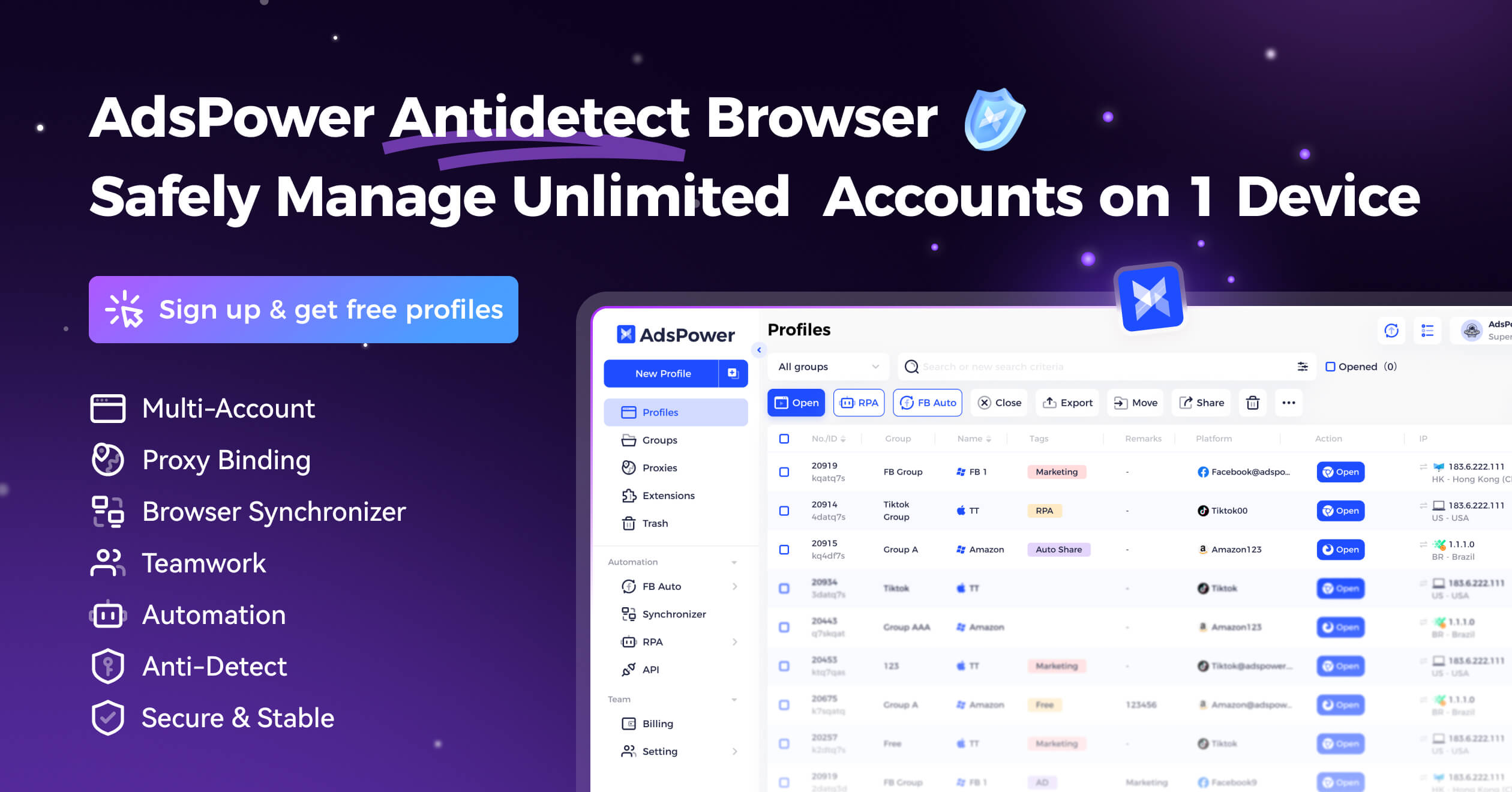 AdsPower advertisement: browser profiles, team workflows and automation. Explore the offer.
